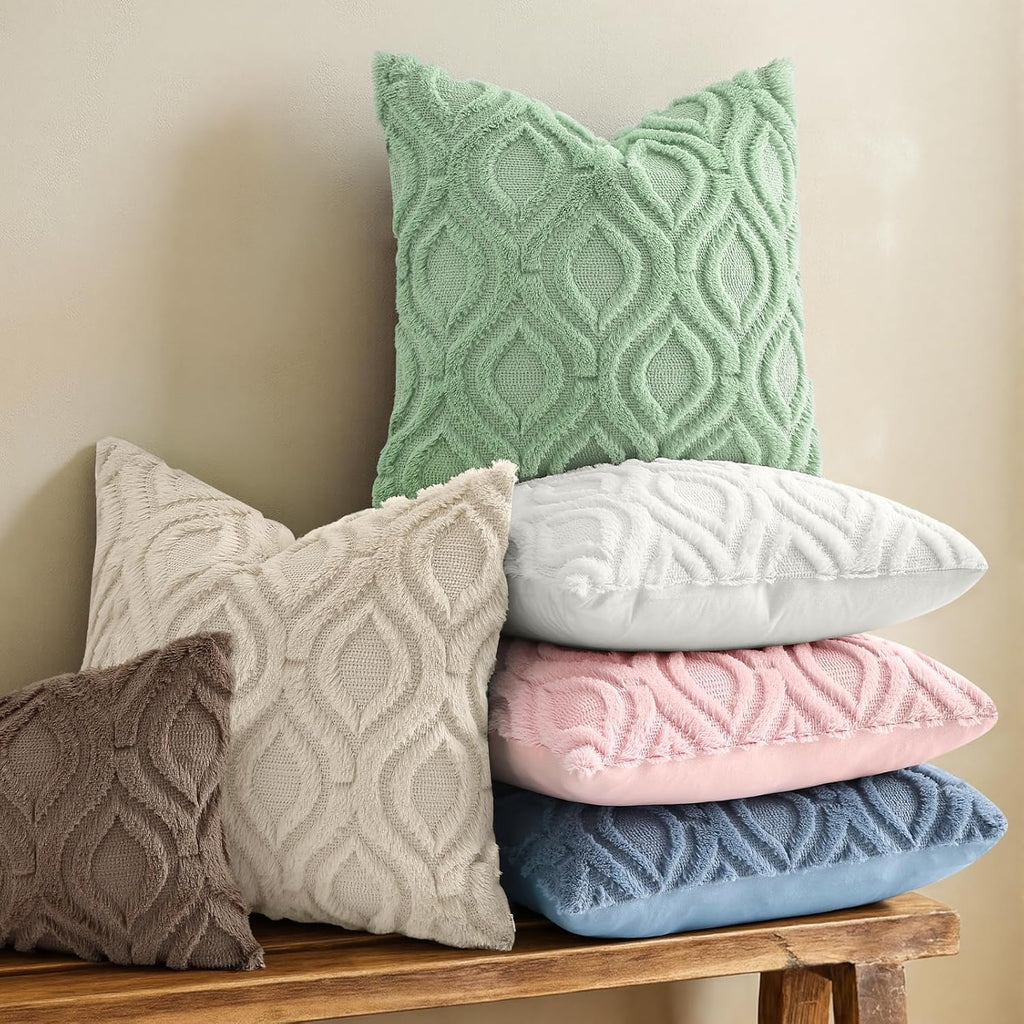Throw Pillow Covers 18x18 Inch Set of 2, Soft Plush Faux Wool Beige Solid Couch Pillow Covers, Accent Farmhouse