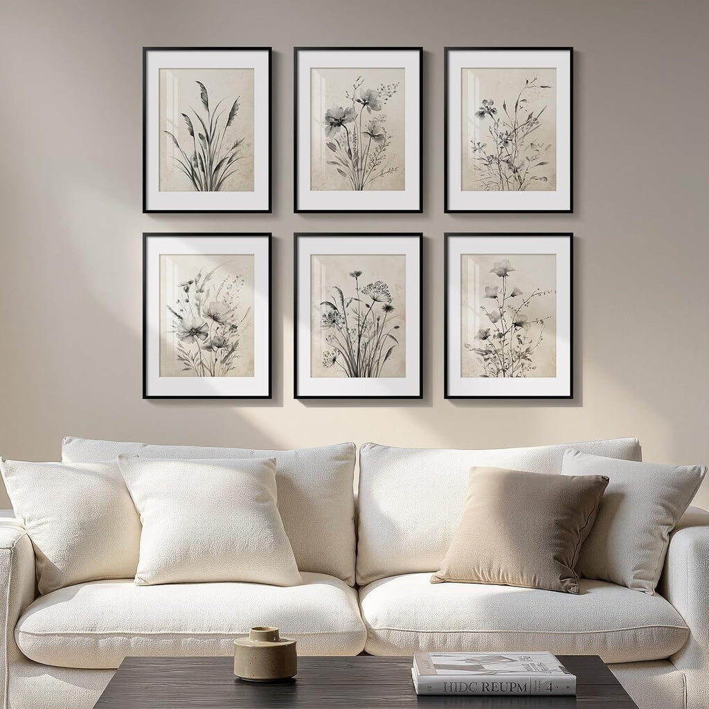 Framed Boho Vintage Botanical Wall Art, Set of 6 Black and White Floral Canvas Painting Prints with Mat for Farmhouse