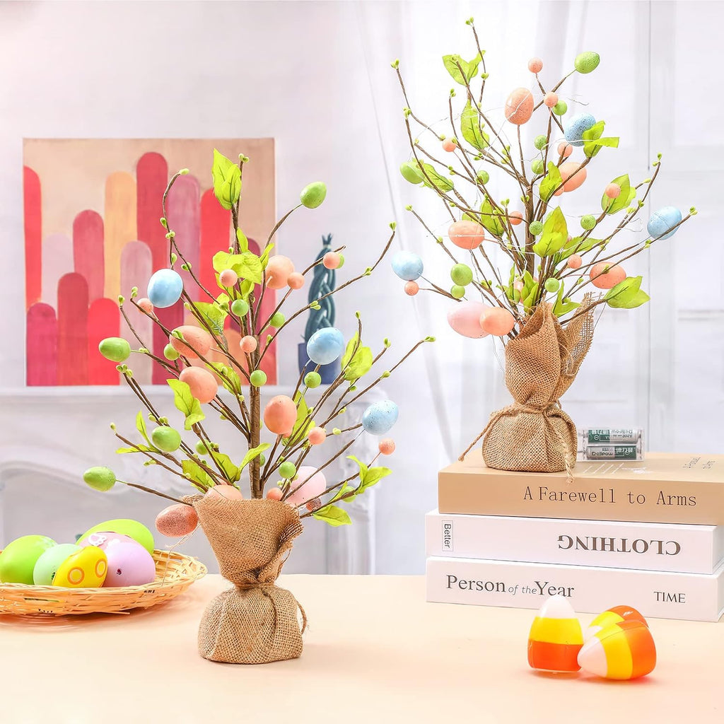 Easter Egg Tree Decorations 18 Inch Pre Lit Easter Egg Tree Tabletop Decor with LED Light Spring Party - Set of 2