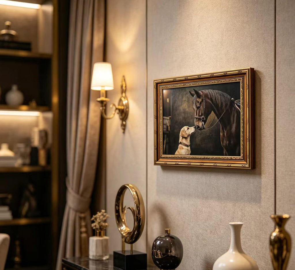 Gold Framed Vintage Horse And Dog Canvas Wall Art Rustic Farmhouse Retro Animal Landscape Painting Picture Wall Decor