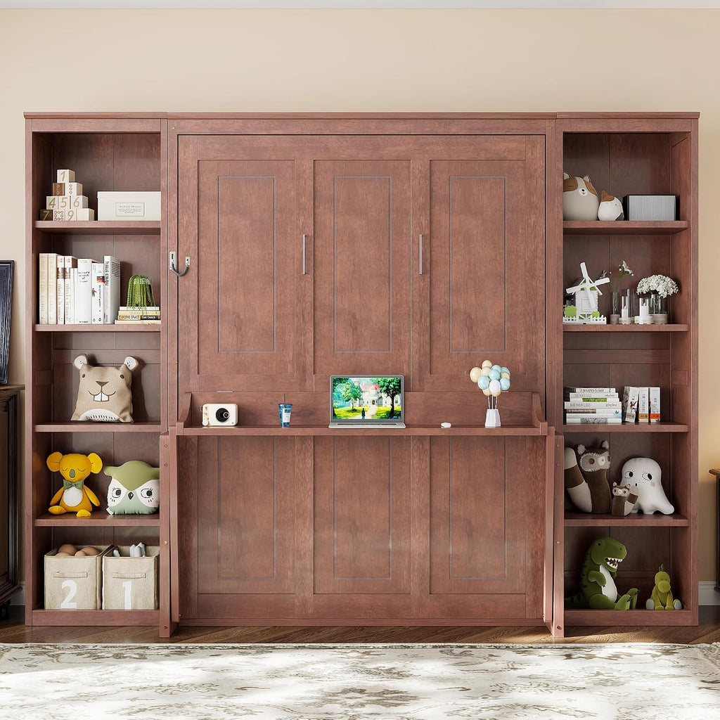 Queen Murphy Bed with Desk, Wood Murphy Bed Frame with Storage Shelves, Hidden Foldable Wall Bed for Home Office