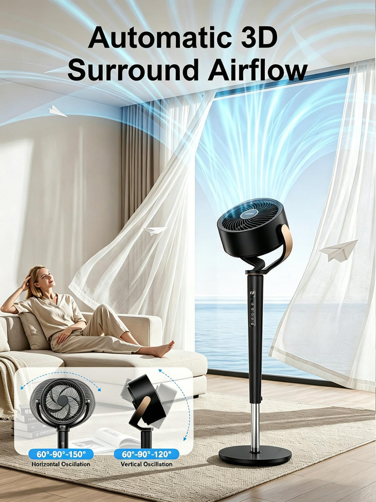 38-46" Pedestal Fan , 150+120°Omnidirectional Oscillating Standing Fan w/16 Speed & 4 Mode, Ambient Light, Quiet DC