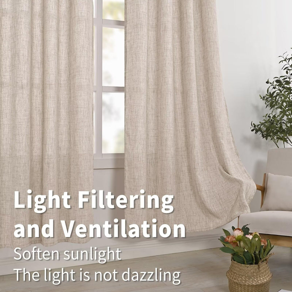 Linen Curtains 72 Inch Length 2 Panels, Rod Pocket Textured Semi Sheer Window Drapes Light Filtering Farmhouse