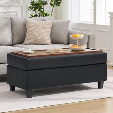 45" Faux Leather Storage Ottoman Bench with Wooden Tray, Black Large Upholstered Foot Stool, Multifunctional Coffee