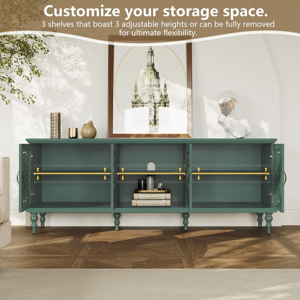 67" Retro TV Stand with Hollow Carved Doors, Green
