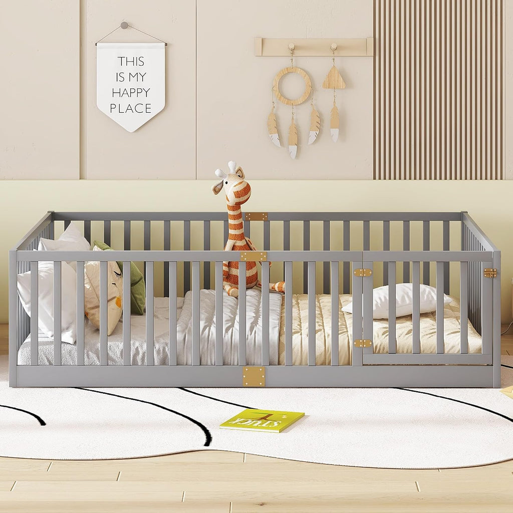 Montessori Floor Bed with Slats, High Guardrails & Door, Gray