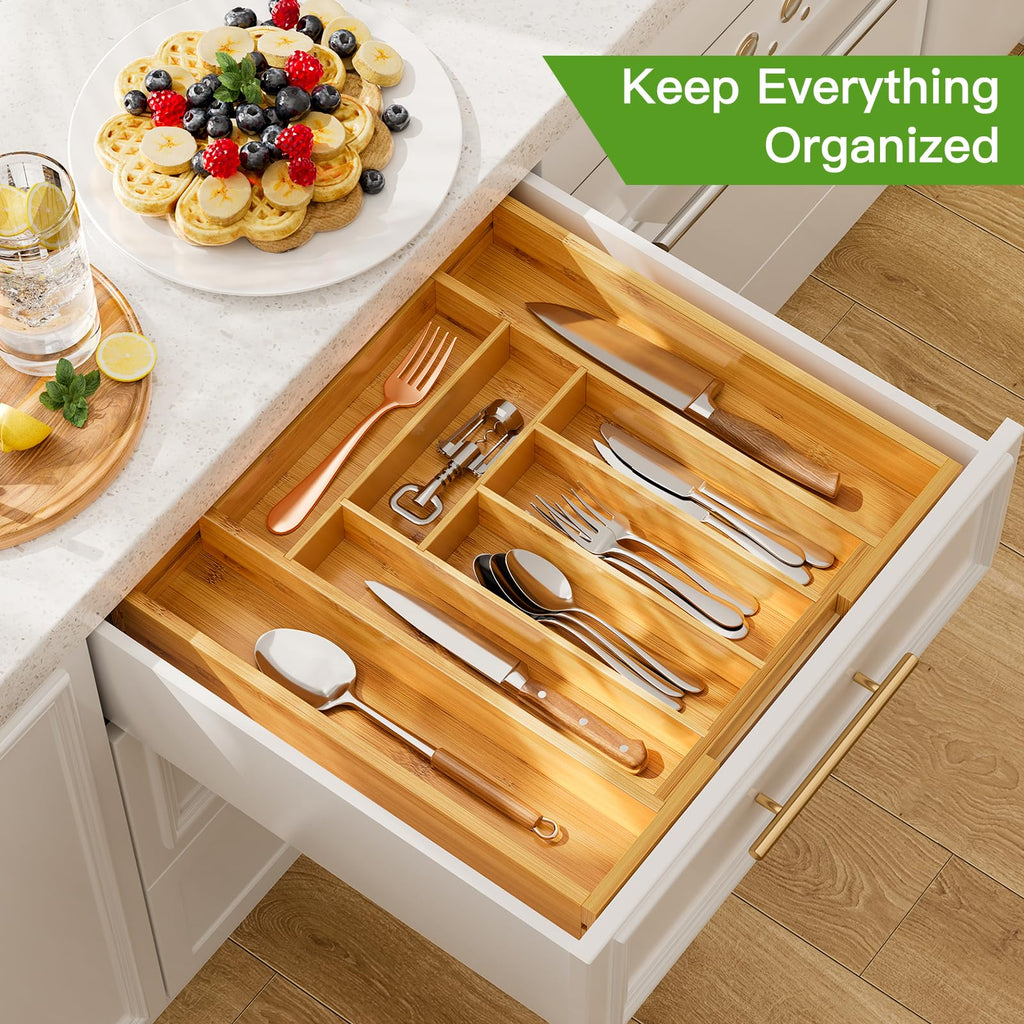 Bamboo Expandable Silverware Drawer Organizer, Natural, Medium