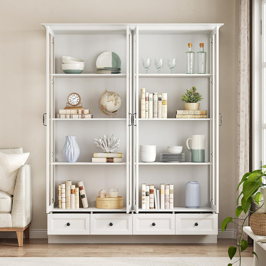 78" Tall Large Storage Cabinet with Glass Door, White Pantry | China Hutch, Farmhouse 4-Tier Display Cabinet with