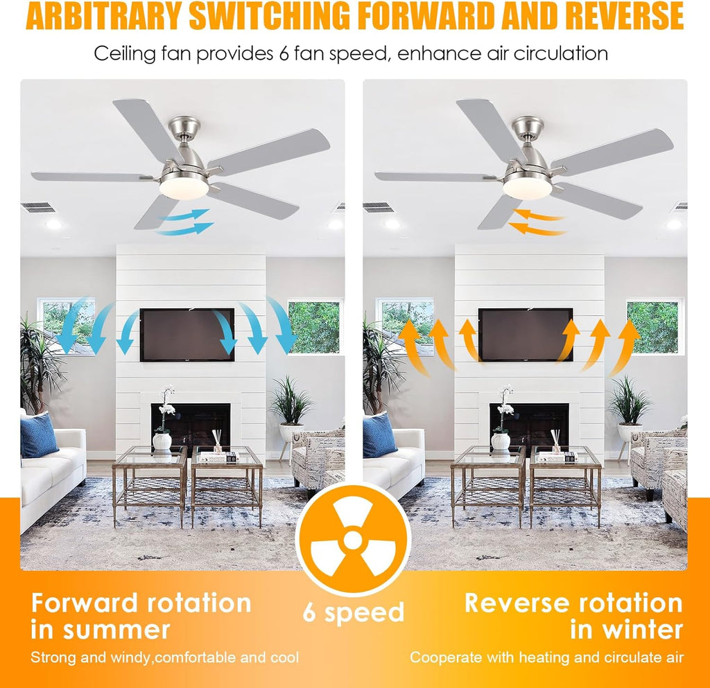 Ceiling Fans with Lights, 52 Inch Low Profile Ceiling Fan with Light and Remote Control,Reversible, 3CCT, Dimmable, Quiet, Brushed Nickel Ceiling Fan for Bedroom Indoor/Outdoor Use A101-B0D8BC4CC6