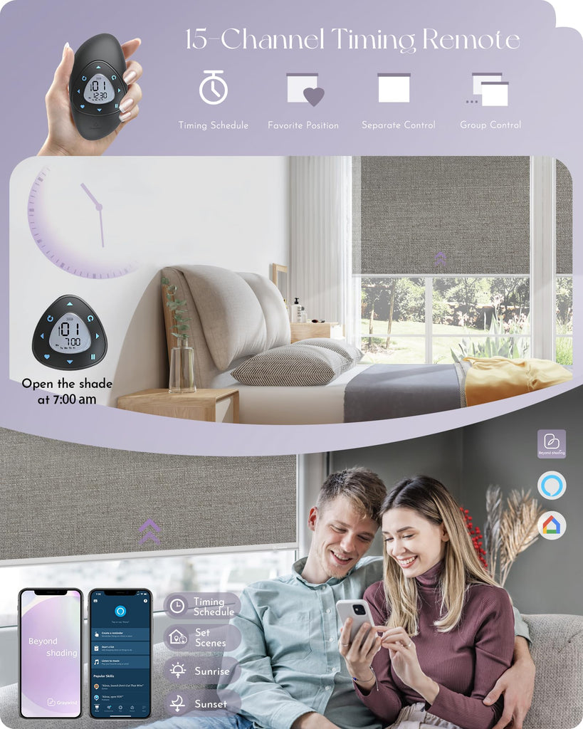 Motorized 100% Blackout Roller Shades Work with Alexa Google via Hub Window Blinds Remote Control Rechargeable