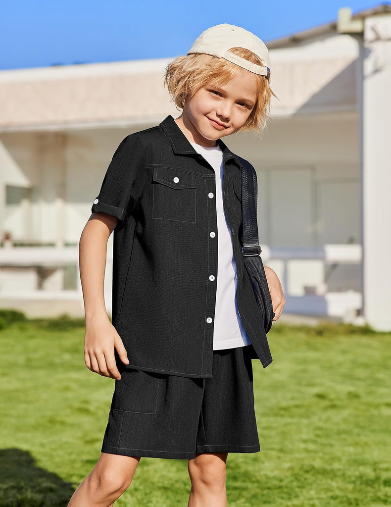 Boys' Woven Shorts Set Academic Style Button Down Shirt and Denim Shorts Outfits Casual yet Dressy Clothes