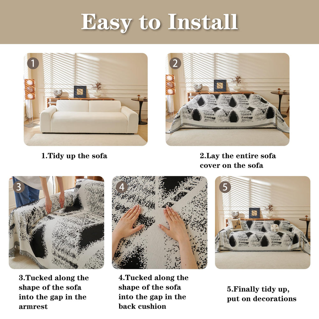 Boho Couch Cover for Dogs Washable Black Rhombic Couch Sofa Protector for Loveseat Sofa with Pets Friendly Chenille