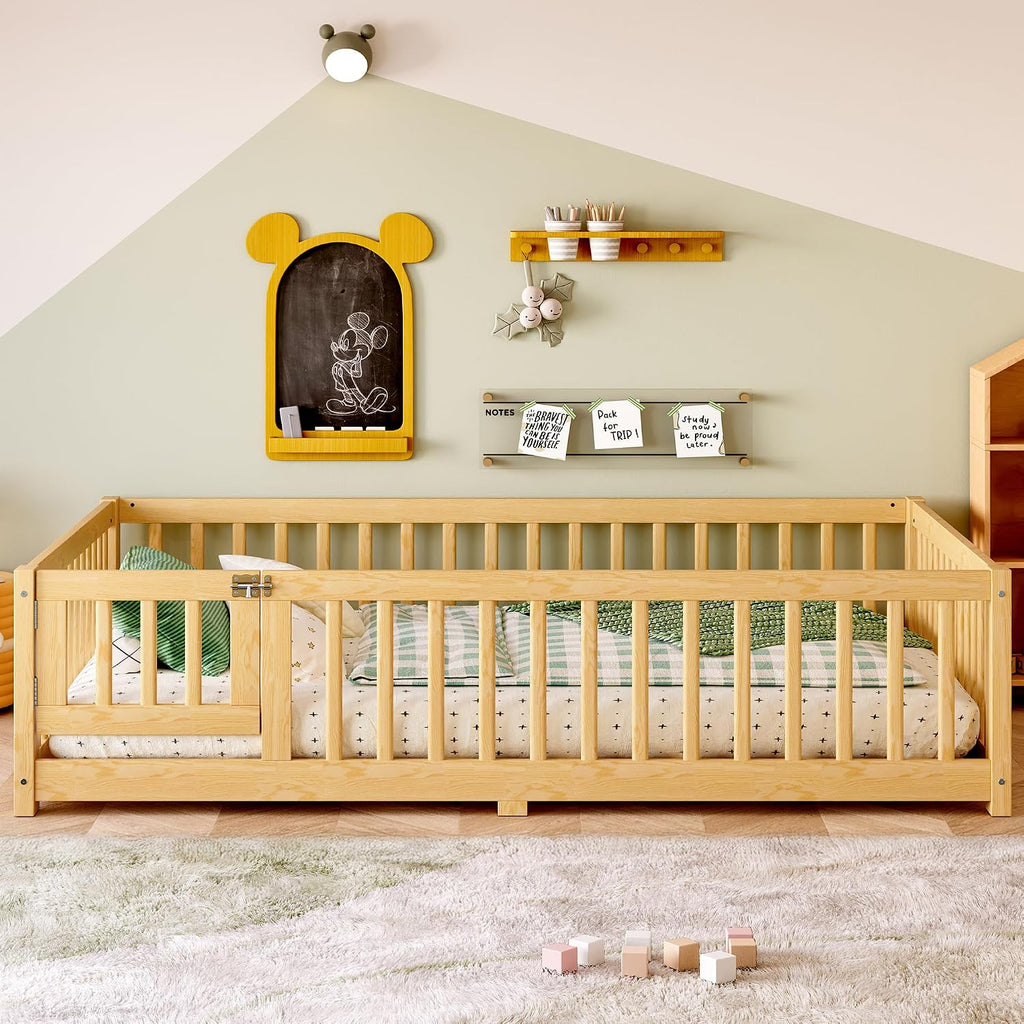 Floor Bed with Rails for Kids, Girls, Boys, Pine, Plywood Floor Bed with slats and Door, Natural