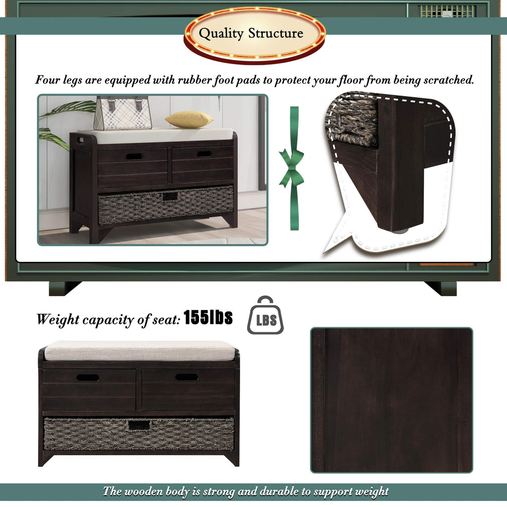 Farmhouse Wood Shoe Bench with Storage and Seat Cushion Hallway Front Door Espresso