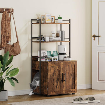 Cat Litter Box Enclosure with 2-Tier Storage Shelves and Doors - Hidden Cat Washroom Cabinet - Odor Control, Enhanced
