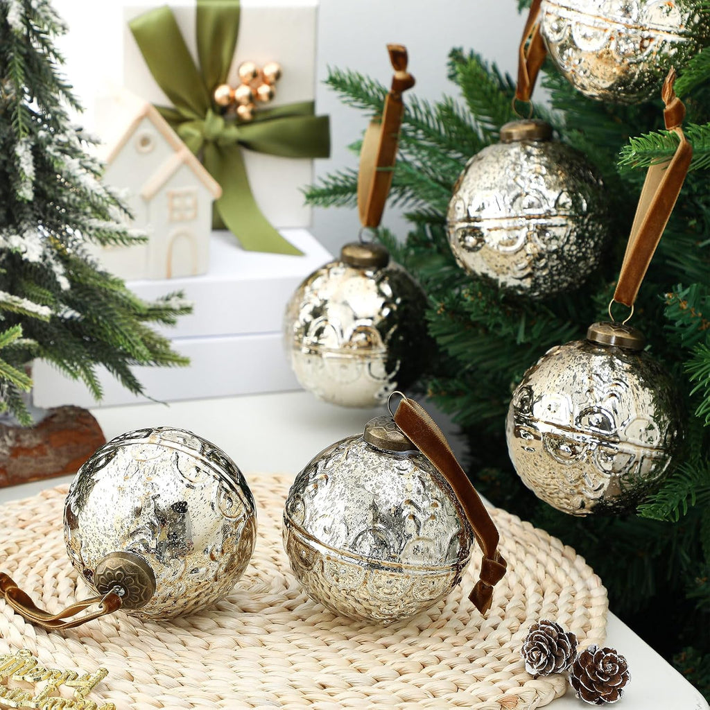 6 Pcs Champagne Gold Mercury Glass Christmas Ornaments, Etched