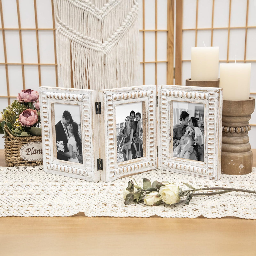 HOME Whitewashed Folding 3 Picture Frame 4x6, Wooden Triple 4 x 6 Picture Frame for Tabletop Display, Farmhouse