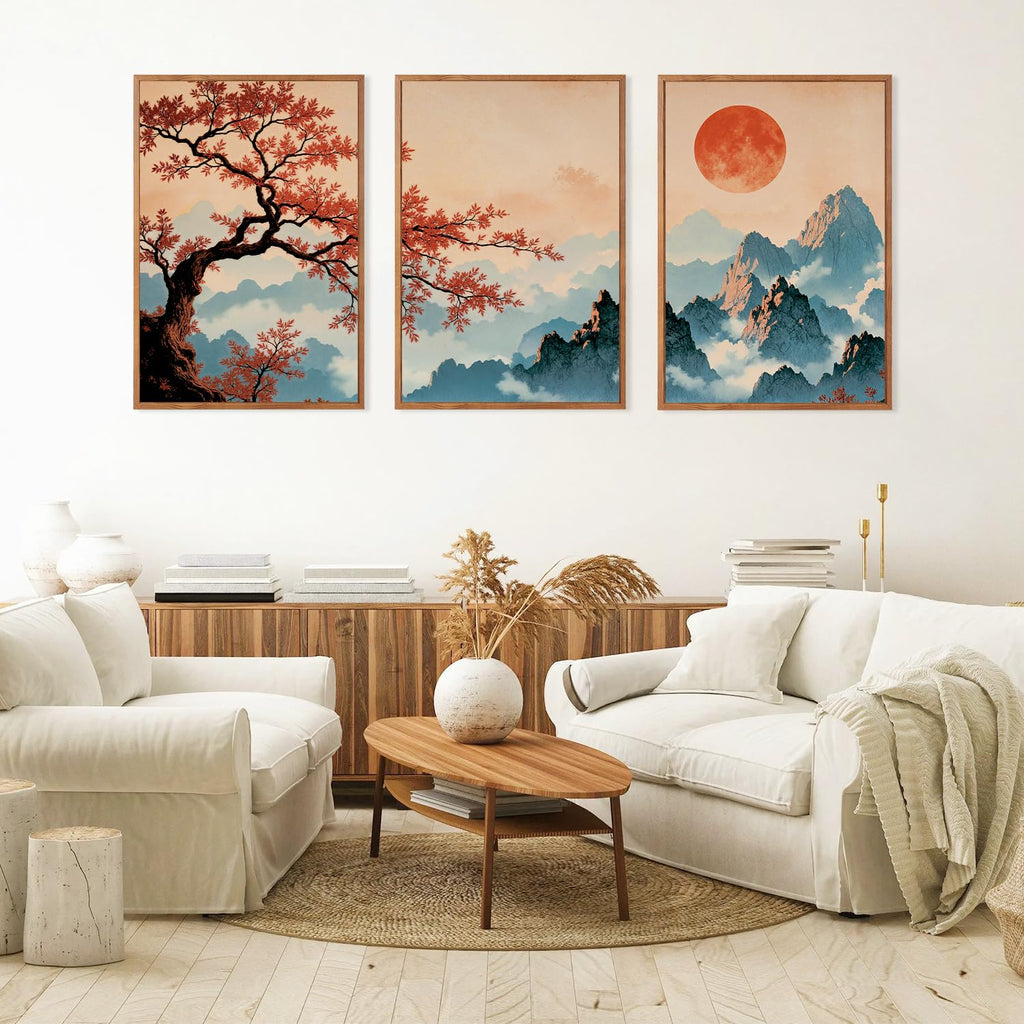Large Boho Mountain Sunset Framed Canvas Wall Art Set of 3(16"X24")Pine Tree Red Flowers Wall Decor, Chinese Style