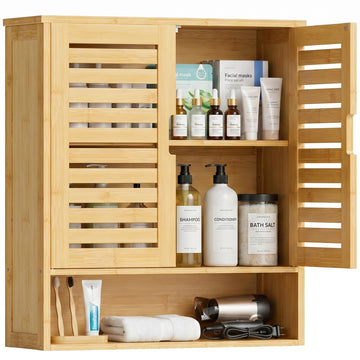 Bathroom Cabinet Wall Mounted, Bamboo Over-The-Toilet Storage Organizer, Space Saver Medicine Cabinet with 2 Door and
