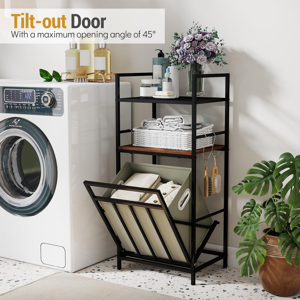Tilt out Laundry Hamper, Space Saving Bathroom Storage Cabinet with Removable Basket, 2 Open Shelves & 4 Side Hooks
