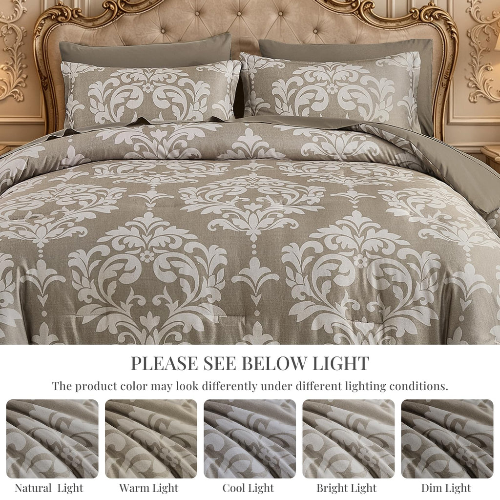 Queen Luxury Comforter Set Taupe 7 Piece Boho Damask Bedding