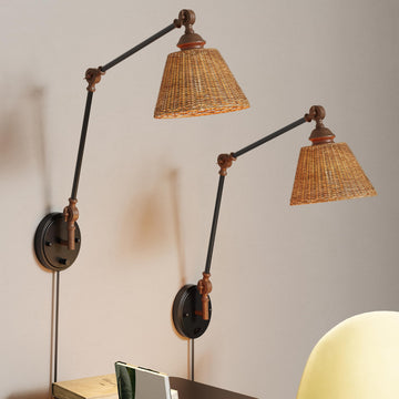 Plug in Wall Sconces Set of Two, Black Walnut Swing Arm Wall Lamp with 6.6FT Plug-in Cord and Knob Switch, Rattan