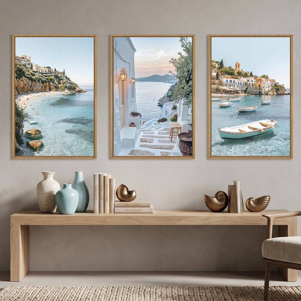 Greek Island Coastal Scenery Framed Canvas Wall Art Set- 24"x36"x3