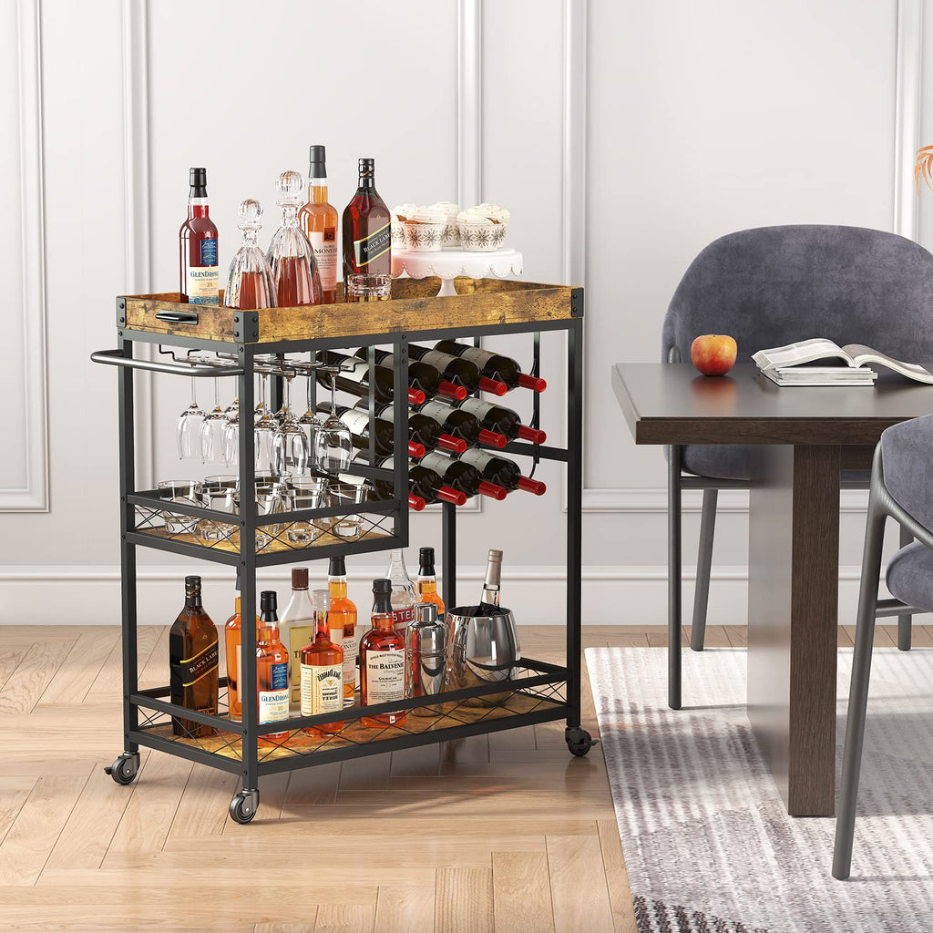 3 Tier Bar Cart with 12 Wine Racks, Serving Trolley, Rustic Brown