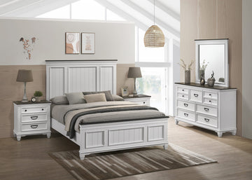 Clelane Wood Bedroom Set with Shiplap Panel Queen Bed, Dresser, Mirror, and Two Nightstands in Weathered White and