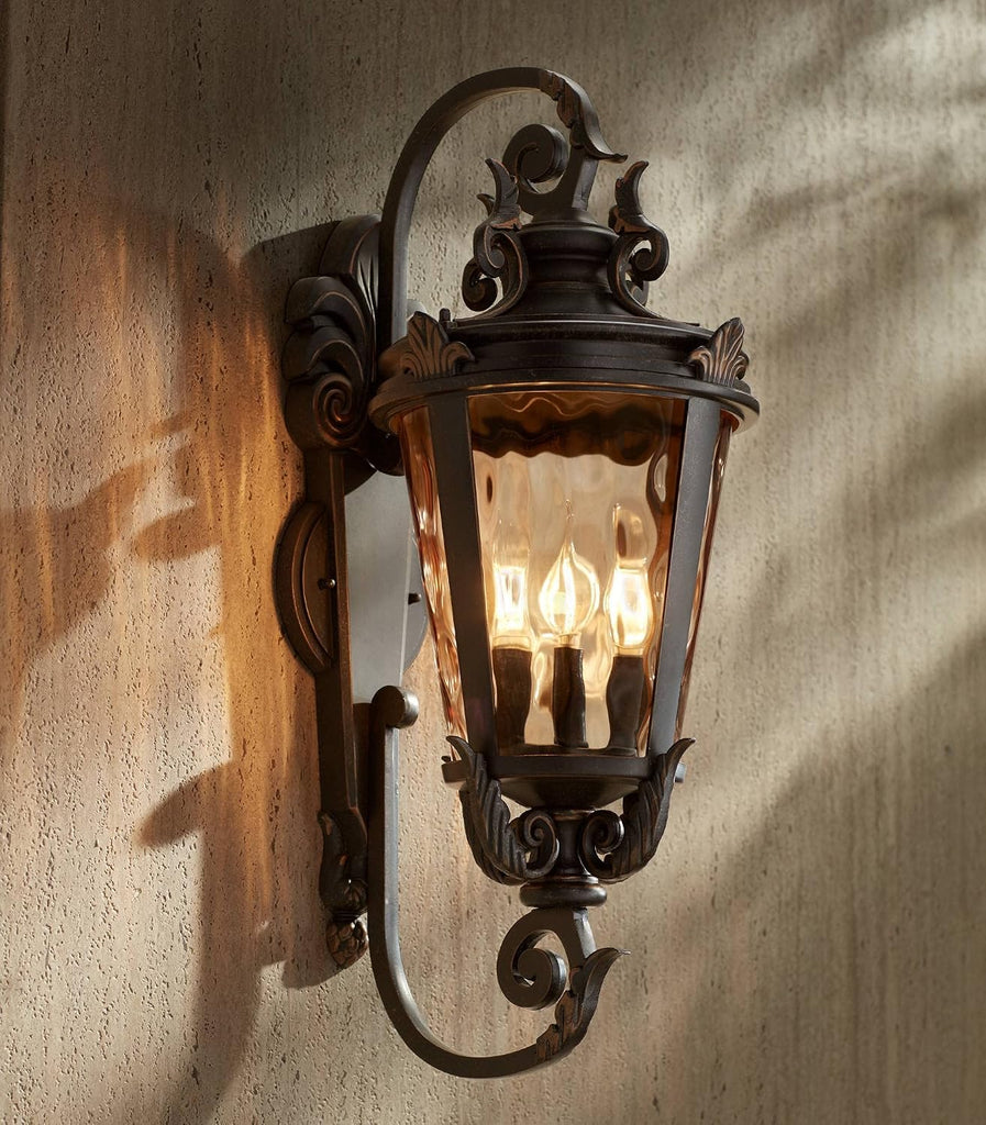 Marseille 27 1/2" Bronze 4-Light Scroll Outdoor Wall Light with Hammered Glass