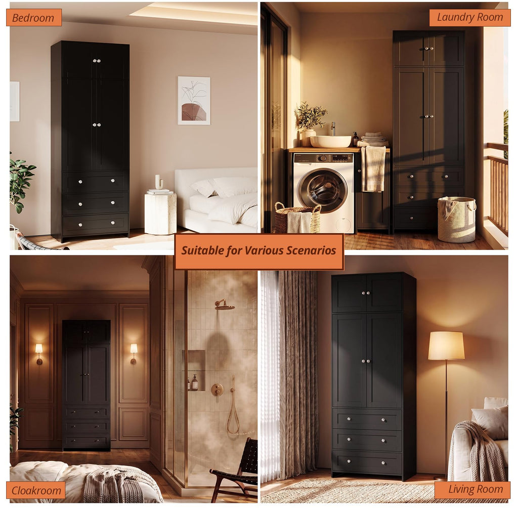 87" H Tall Armoire Wardrobe Closet with 3 Drawers and Mirror