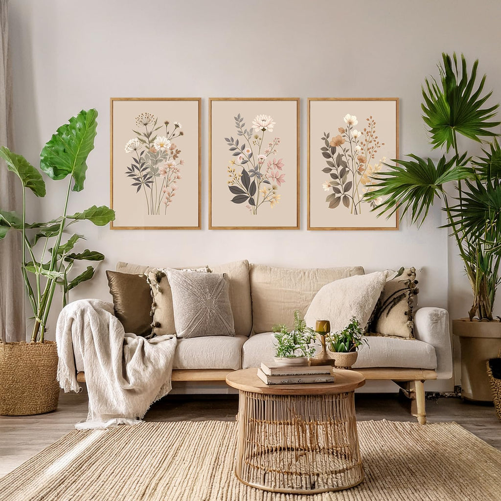 Botanical Flower Framed Canvas Wall Art Set Of 3, Modern Nature Wildflower Wall Decor, Rustic Floral Wall Painting