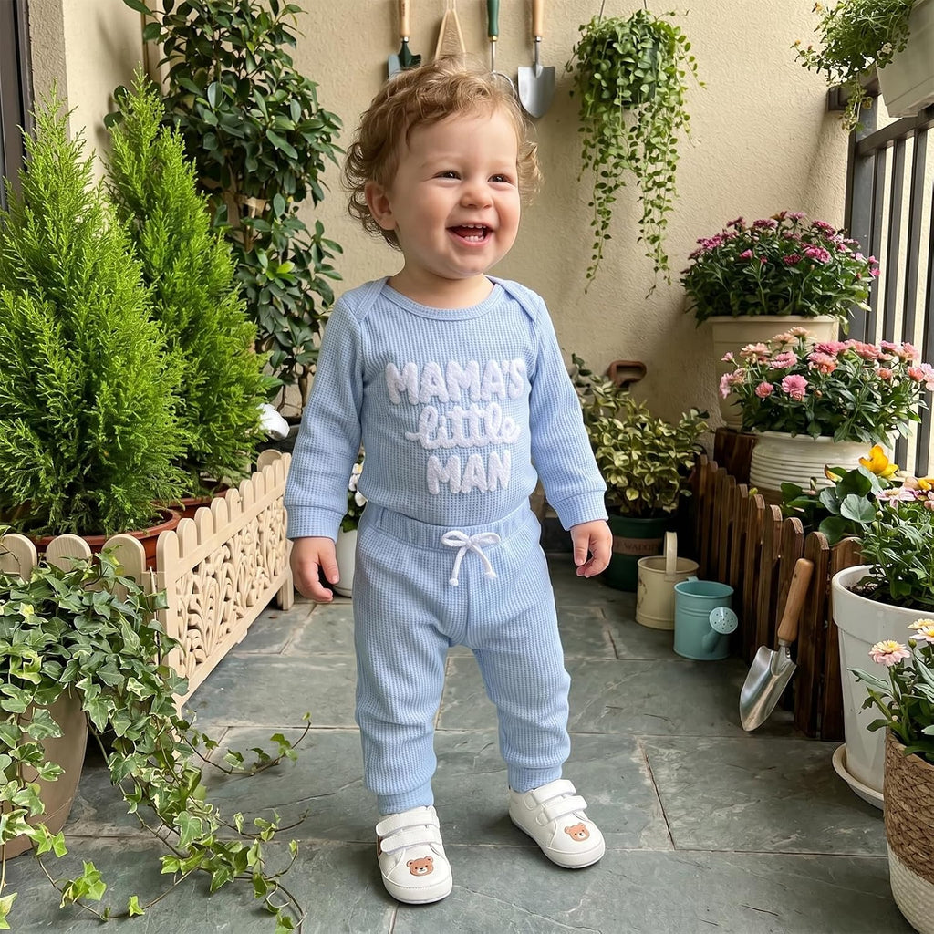 Waffle Knit Baby Boy Clothes Letters Embroidered Romper Pants Set