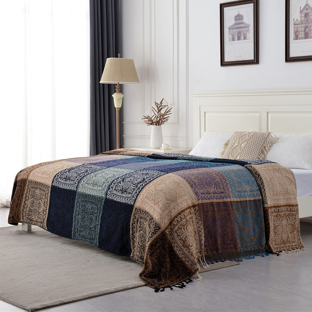 Boho Throw Blanket - Hippie Chenille Jacquard Bohemian Chair Couch Sofa and Bed Furniture Cover with Colorful Tribal