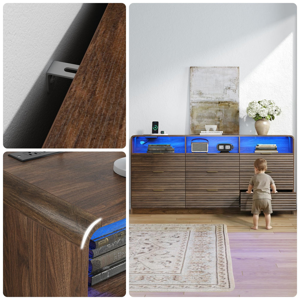 63'' Wide Fluted 9 Drawers Dresser with 3 Cubbies, LED Dressers & Chests of Drawers with Power Outlet, Modern Fluted