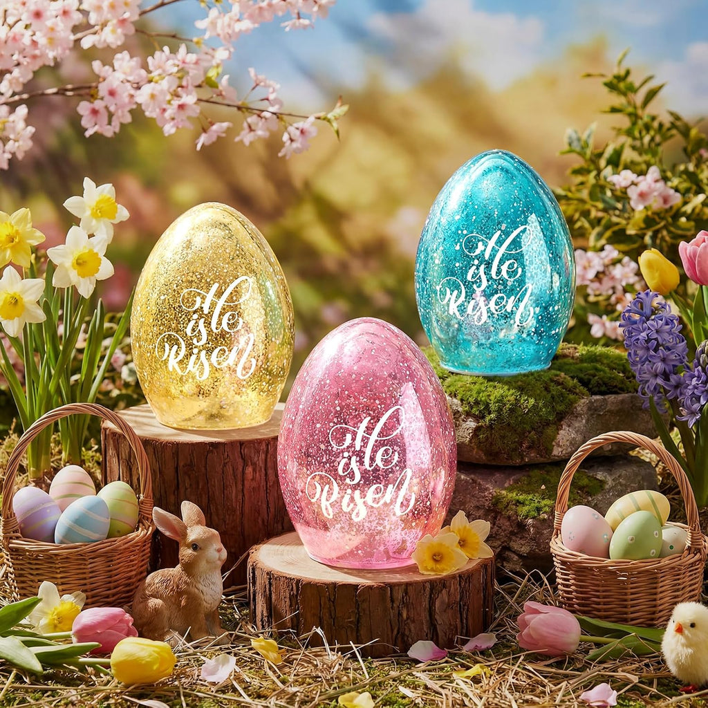 Easter Egg Light Decorations, He is Risen Table Centerpiece Lights with Timer Mercury Glass Egg Lamps, Spring - Set of 3