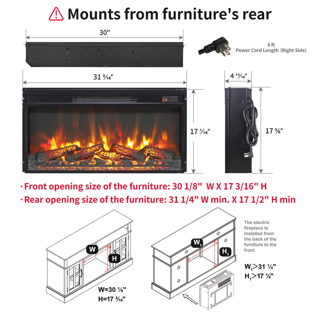 30" Electric Fireplace Insert, Realistic Flame & Log Set, 4-Level Brightness, 1400W Fireplace Heater with Thermostat