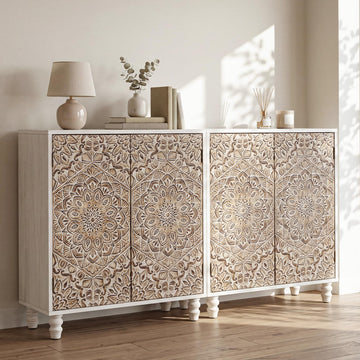 Set of 2 32" Buffet Sideboard Cabinets with Vintage Firework Carved Pinewood Doors, Push-to-Open, Storage Accent