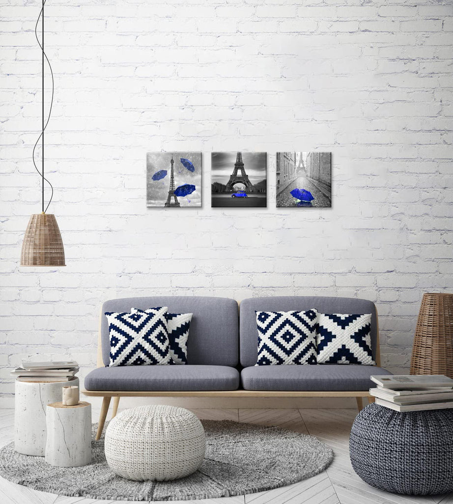3 Pcs Black and White Canvas Wall Dark Blue Paris Theme Bedroom Bathroom Girls Room Decor Blue Umbrella Print