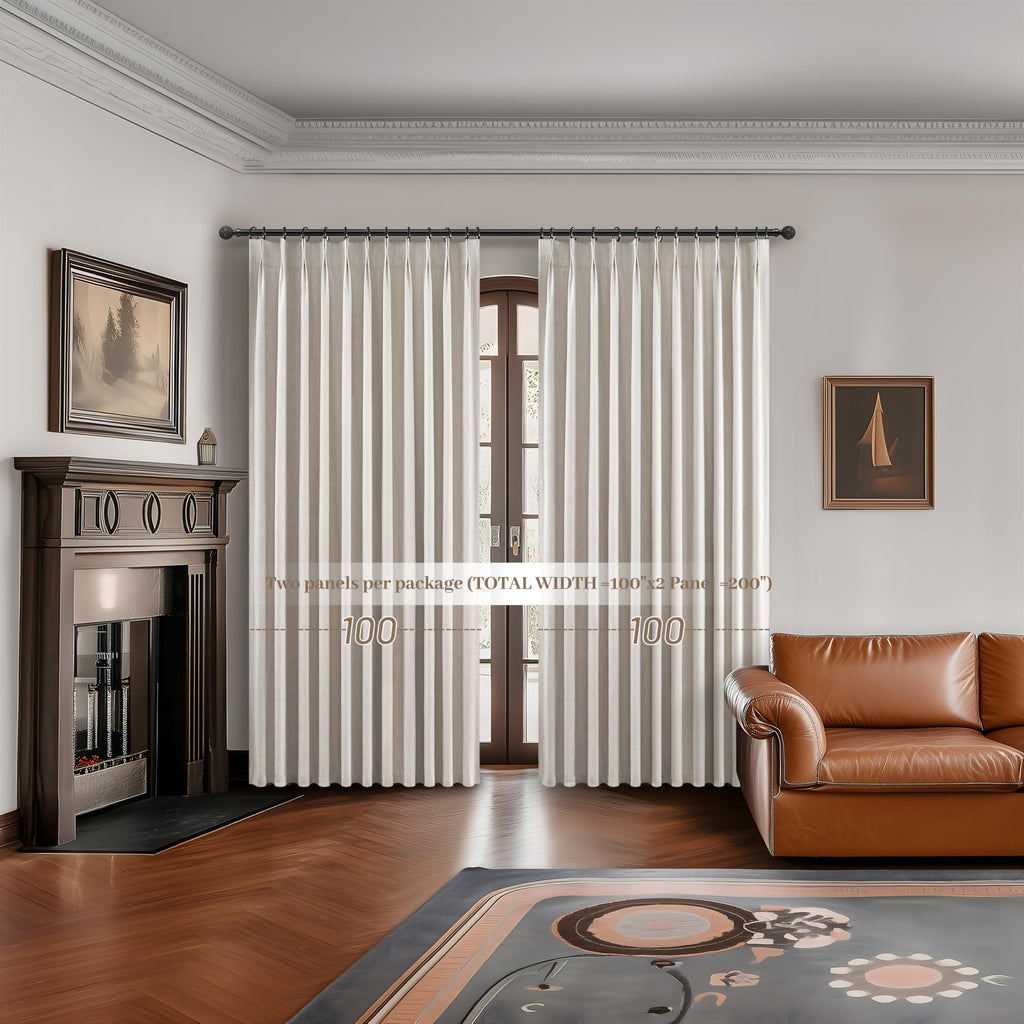 100 Inch Length Extra Wide Pinch Pleated Blackout Curtains 84 Inch Long, Farmhouse Natural Linen Thick Burlap Heavy