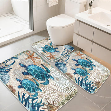 Nautical Sea Turtles Blue Ocean Beach Bathroom Rugs and Mats Sets 3 Piece, Memory Foam Bath Mat, U-Shaped Contour