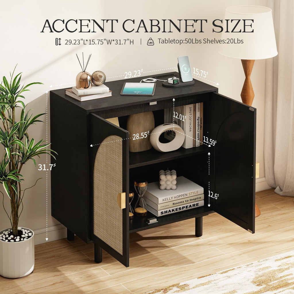Black Minimalist 2-Door Sideboard with Woven Textured Panels, Black Storage Cabinet with Adjustable Shelf, Modern