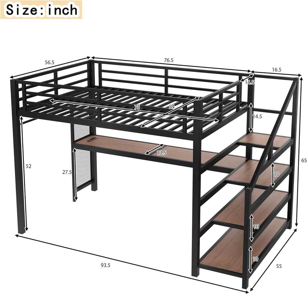 Metal Full Loft Bed with Desk and Storage Stairs,Heavy Duty Loft Bed Frame Full with LED Lights and Charging Station