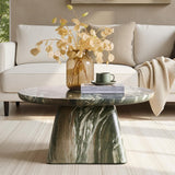 Modern 31.88” Round Coffee Table with Stone-Look Finish and Sculpted Pedestal Base
