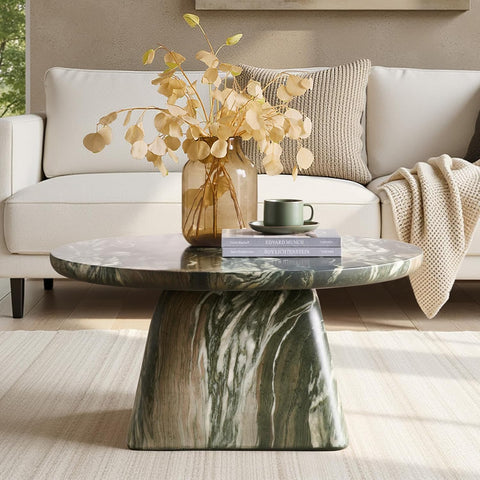 Modern 31.88” Round Coffee Table with Stone-Look Finish and Sculpted Pedestal Base