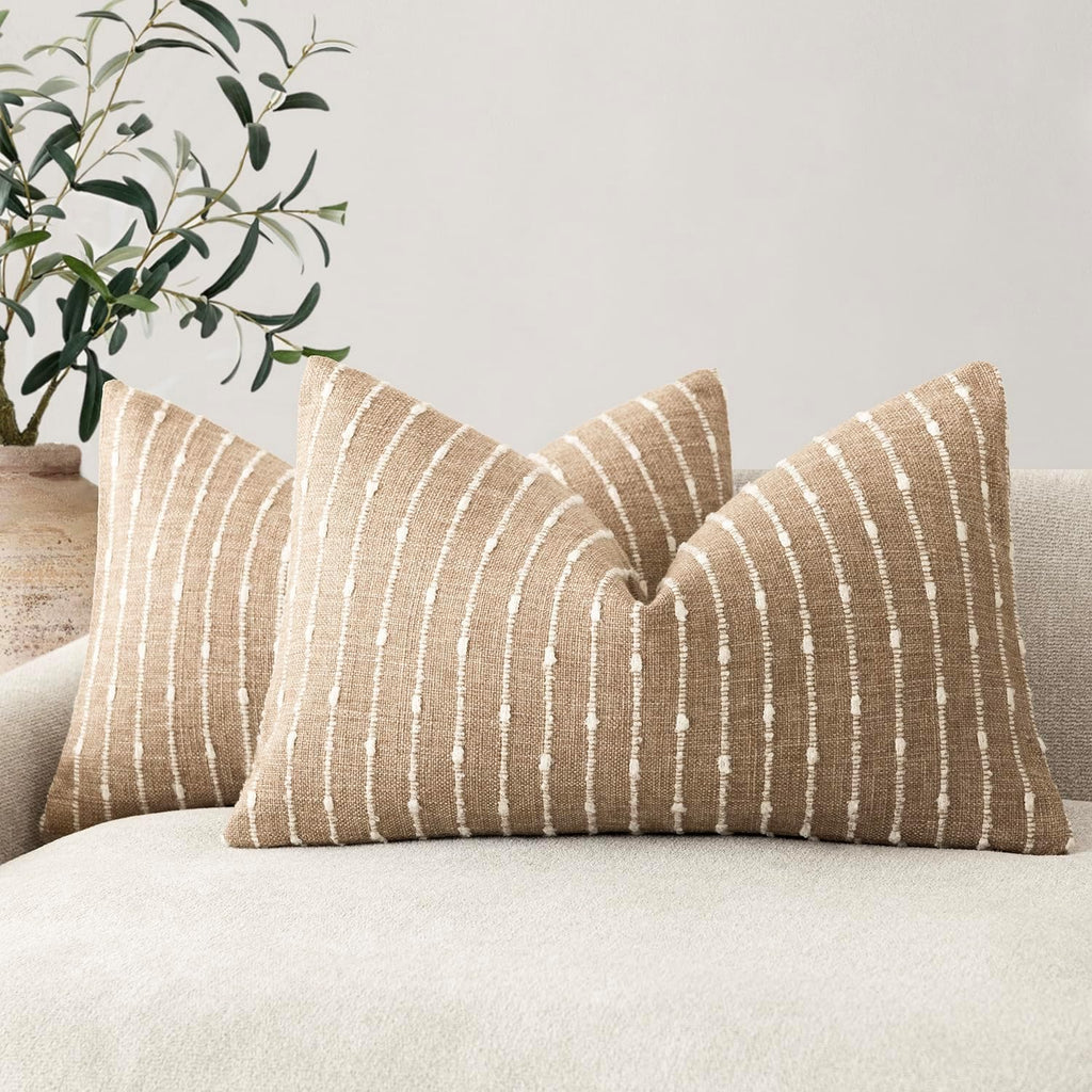 Pack of 2 Decorative Jacquard Boucle Lumbar Throw Pillow Covers Accent Textured Striped Pillowcases Cozy Boho Cushion