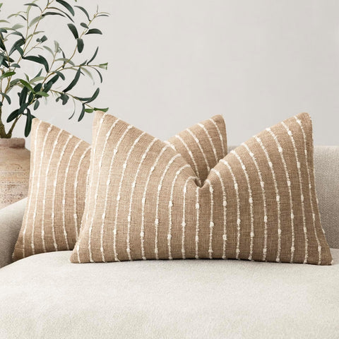 Pack of 2 Decorative Jacquard Boucle Lumbar Throw Pillow Covers Accent Textured Striped Pillowcases Cozy Boho Cushion