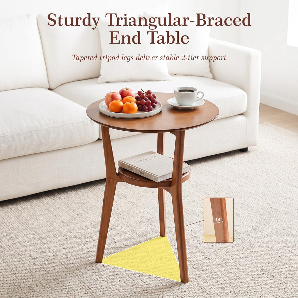 Bamboo Round Side Table, 2-Tier Mid Century Modern Sofa End Table