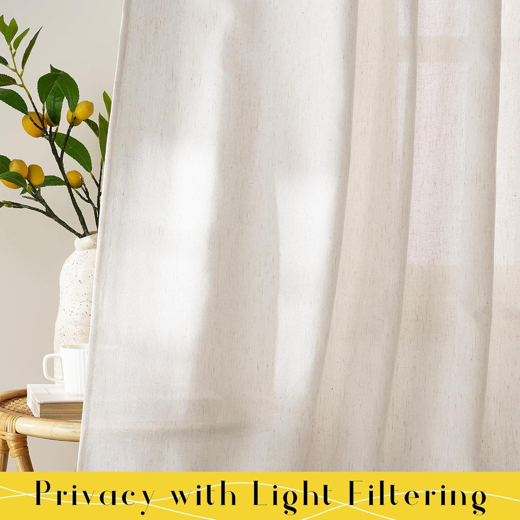 Thick Linen Tie Top Curtains 84 inches Long, Light Filtering Drapes Adjustable DIY Crafted Privacy Window Treatments
