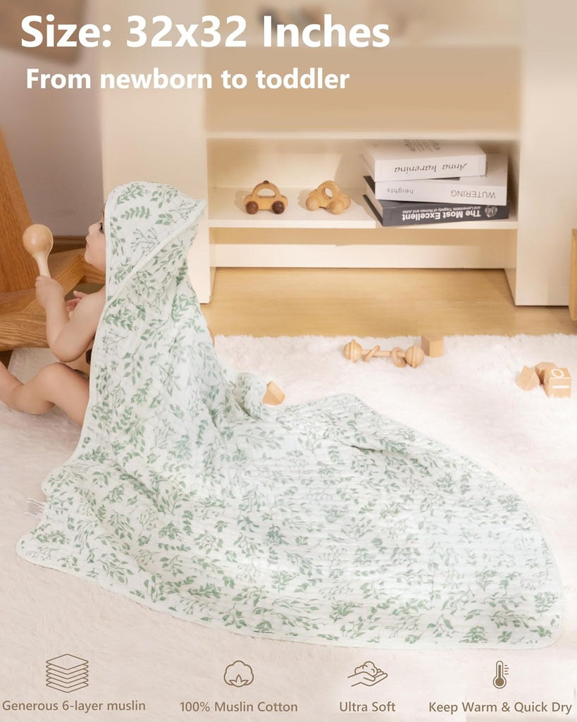 Bath Towels, 100% Muslin Cotton Hooded Baby Towels for Newborn, 2 Pack Baby Towels with Hood for Infant Toddler